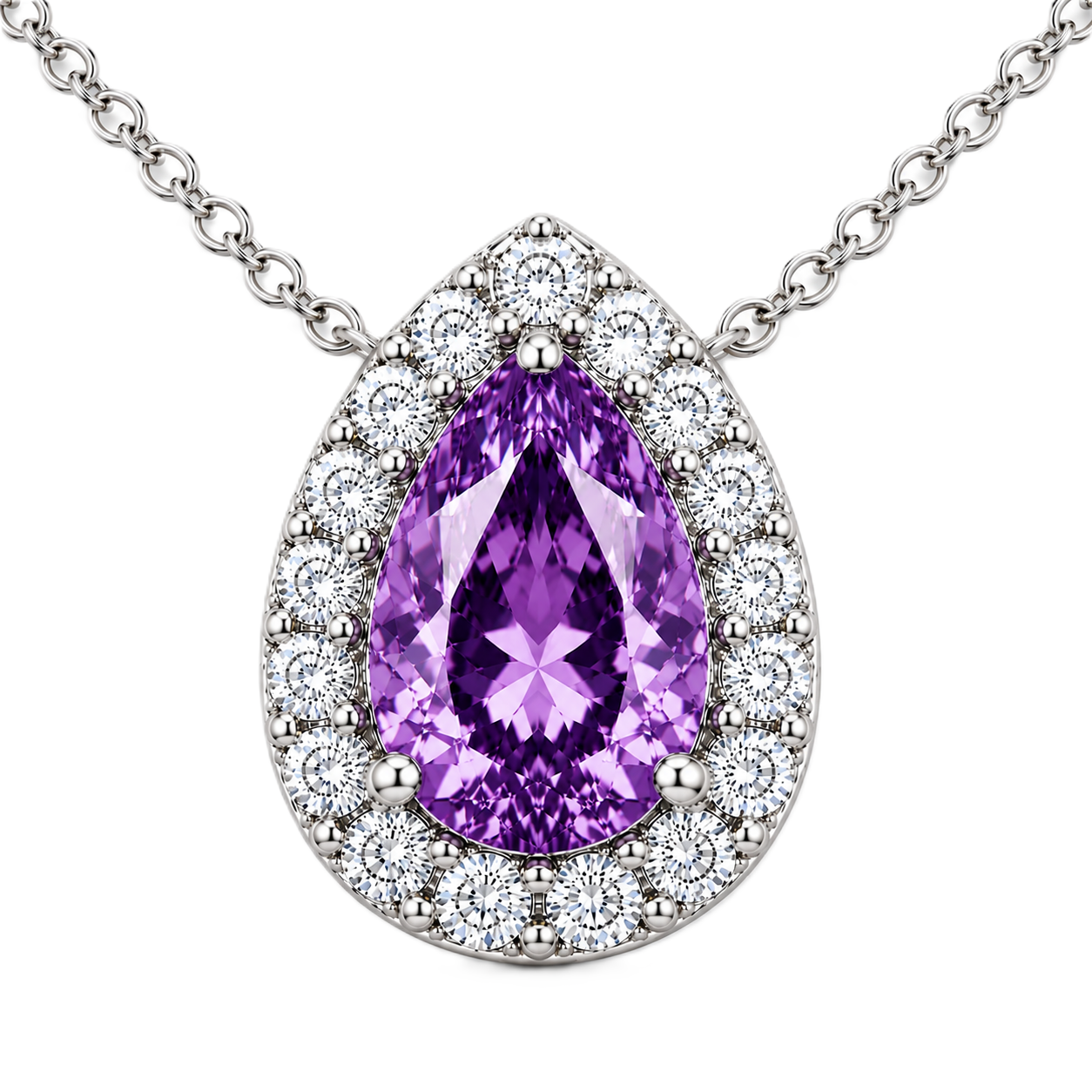Purple Sapphire Halo Necklace with pear-cut sapphire and brilliant moissanite halo in white gold plated 925 silver.