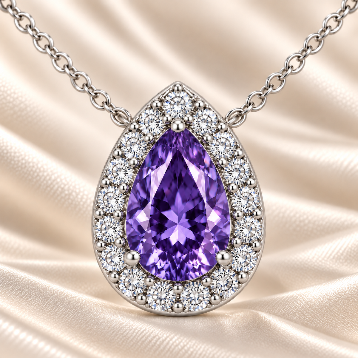 Purple Sapphire Halo Necklace with pear-cut sapphire and brilliant moissanite halo in white gold plated 925 silver.