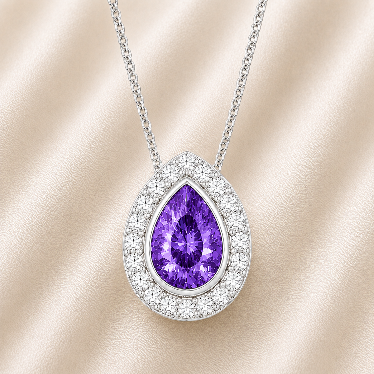 Purple sapphire halo pendant with 7×5 mm pear cut in white gold-plated 925 silver, accented with moissanite. Elegant and refined. Available now at BSI Jewelry.