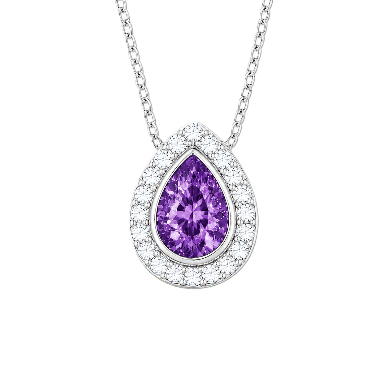 Purple sapphire halo pendant with 7×5 mm pear cut in white gold-plated 925 silver, accented with moissanite. Elegant and refined. Available now at BSI Jewelry.