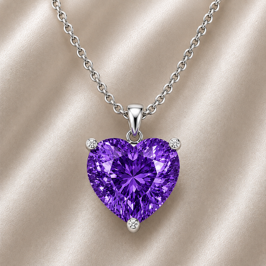 Purple sapphire heart necklace featuring a vibrant 6 mm heart gemstone in white gold-plated 925 silver. Romantic, elegant, and available now at BSI Jewelry.