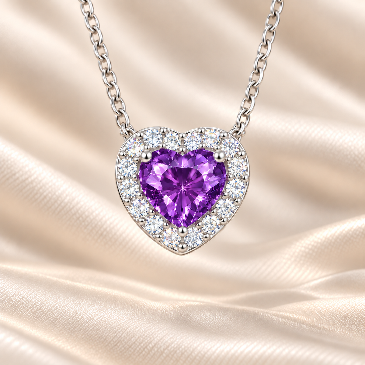 Purple sapphire heart necklace with 6 mm center stone in white gold-plated 925 silver. Elegant and romantic for everyday wear. Available now at BSI Jewelry.