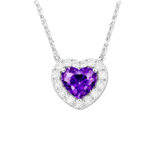 Purple sapphire heart necklace with 6 mm center stone in white gold-plated 925 silver. Elegant and romantic for everyday wear. Available now at BSI Jewelry.
