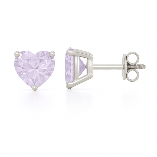 Elegant 6mm heart-cut Purple Sapphire stud earrings in white-gold-plated 925 silver, hypoallergenic and safe to wear. Available now at BSI Jewelry.