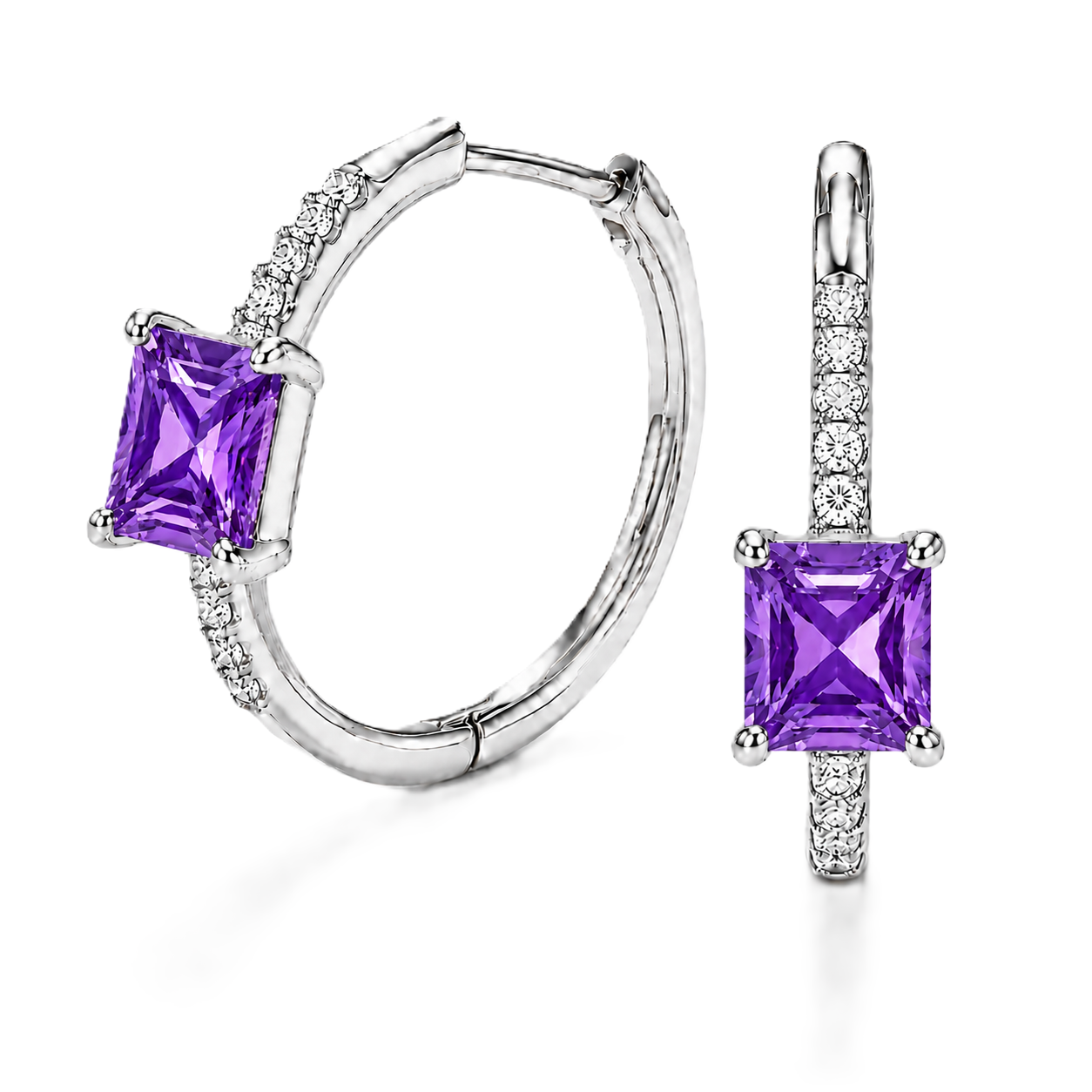 Purple sapphire huggie earrings featuring vibrant 5 mm square purple sapphires and sparkling accents in white gold plated 925 silver. Available now at BSI Jewelry.