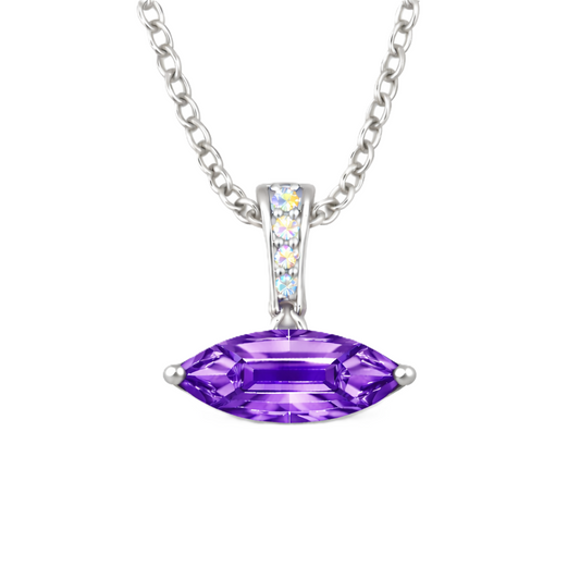 Purple sapphire marquise pendant with an 8×5 mm gemstone in white gold-plated 925 silver with moissanite accents. Elegant and refined. Available now at BSI Jewelry.