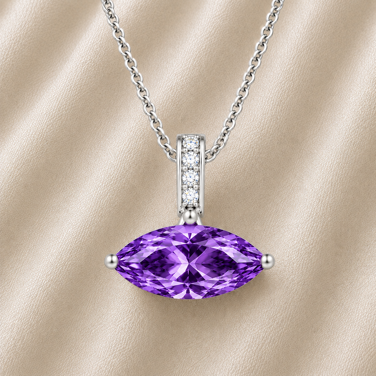 Purple sapphire marquise pendant with an 8×5 mm gemstone in white gold-plated 925 silver with moissanite accents. Elegant and refined. Available now at BSI Jewelry.