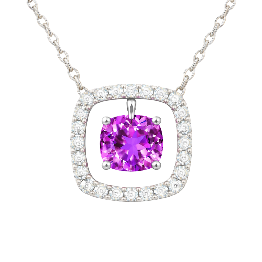 Purple sapphire necklace with a 6 mm cushion cut and moissanite halo, crafted in white gold-plated 925 silver. Elegant and refined. Available now at BSI Jewelry.