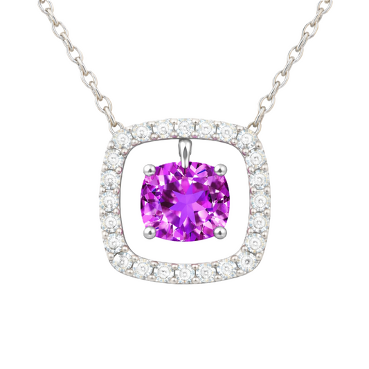 Purple sapphire necklace with a 6 mm cushion cut and moissanite halo, crafted in white gold-plated 925 silver. Elegant and refined. Available now at BSI Jewelry.