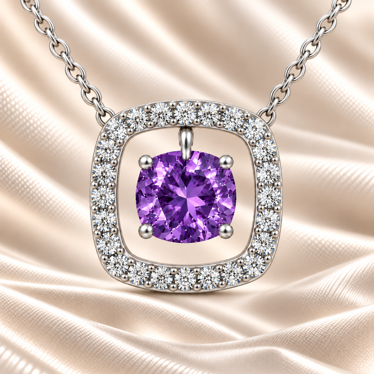 Purple sapphire necklace with a 6 mm cushion cut and moissanite halo, crafted in white gold-plated 925 silver. Elegant and refined. Available now at BSI Jewelry.
