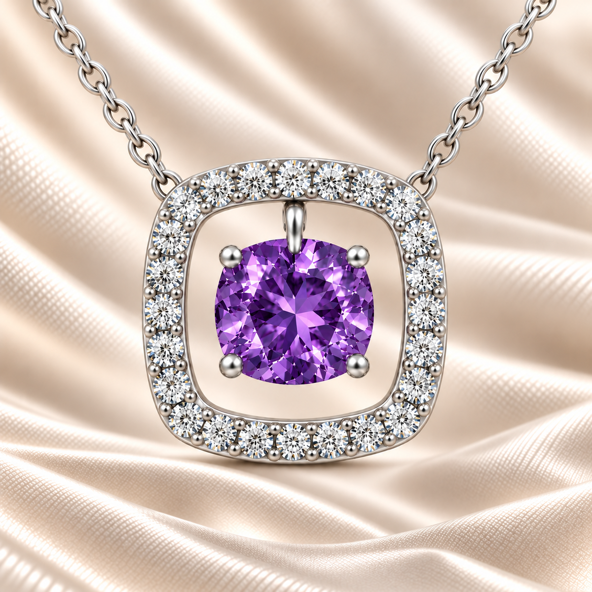 Purple sapphire necklace with a 6 mm cushion cut and moissanite halo, crafted in white gold-plated 925 silver. Elegant and refined. Available now at BSI Jewelry.