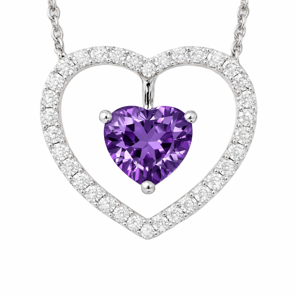 Purple sapphire necklace with a 6 mm heart cut and moissanite halo, crafted in white gold-plated 925 silver. Elegant and refined. Available now at BSI Jewelry.