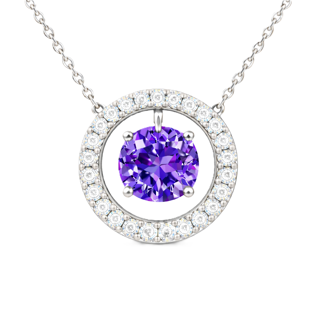 Purple sapphire necklace with a 6 mm round cut in white gold-plated 925 silver and moissanite accents. Elegant for daily wear. Available now at BSI Jewelry.