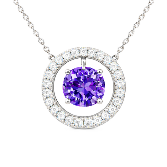 Purple sapphire necklace with a 6 mm round cut in white gold-plated 925 silver and moissanite accents. Elegant for daily wear. Available now at BSI Jewelry.