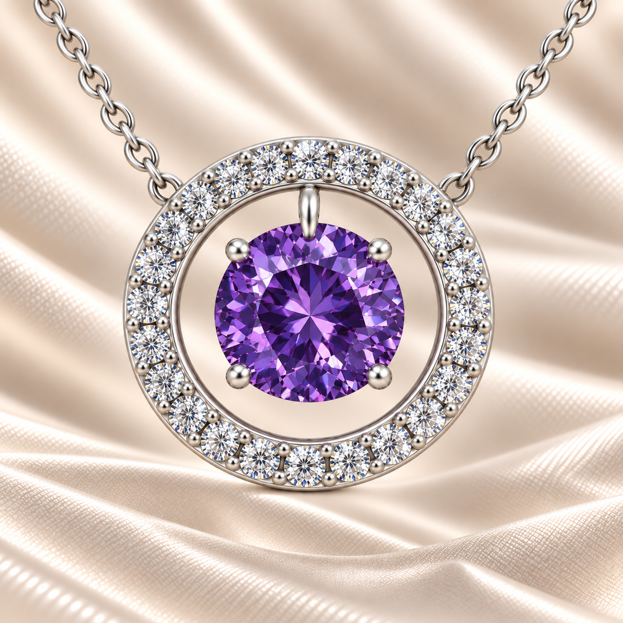 Purple sapphire necklace with a 6 mm round cut in white gold-plated 925 silver and moissanite accents. Elegant for daily wear. Available now at BSI Jewelry.