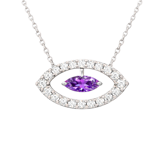 Purple sapphire necklace with a 7×3.5 mm marquise cut in white gold-plated 925 silver and moissanite accents. Elegant for daily wear. Available now at BSI Jewelry.