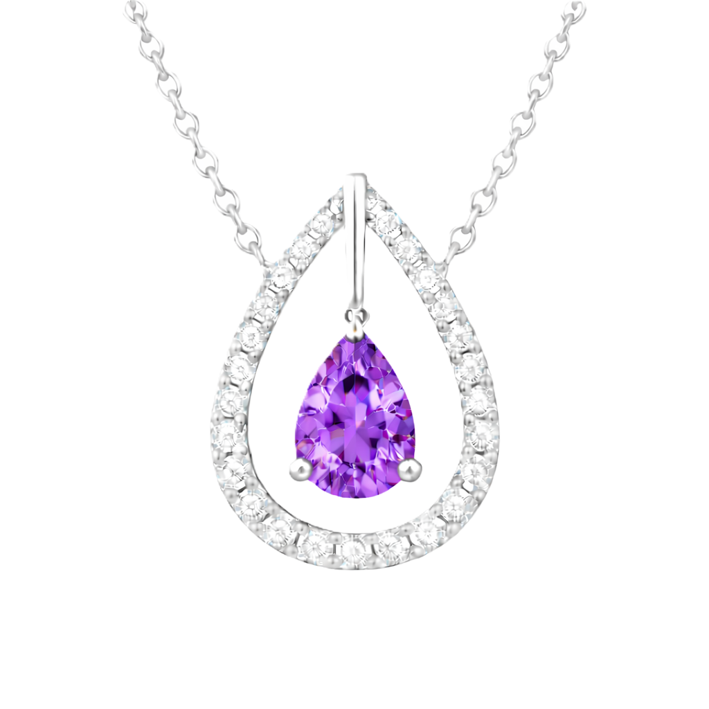Purple sapphire necklace with a 7×5 mm pear cut and moissanite halo, crafted in white gold-plated 925 silver. Elegant and refined. Available now at BSI Jewelry.