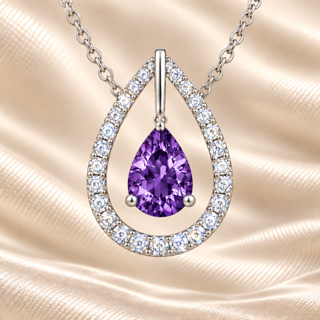Purple sapphire necklace with a 7×5 mm pear cut and moissanite halo, crafted in white gold-plated 925 silver. Elegant and refined. Available now at BSI Jewelry.