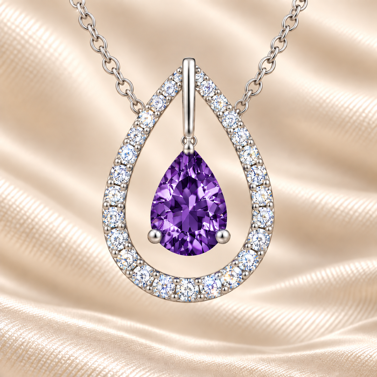Purple sapphire necklace with a 7×5 mm pear cut and moissanite halo, crafted in white gold-plated 925 silver. Elegant and refined. Available now at BSI Jewelry.