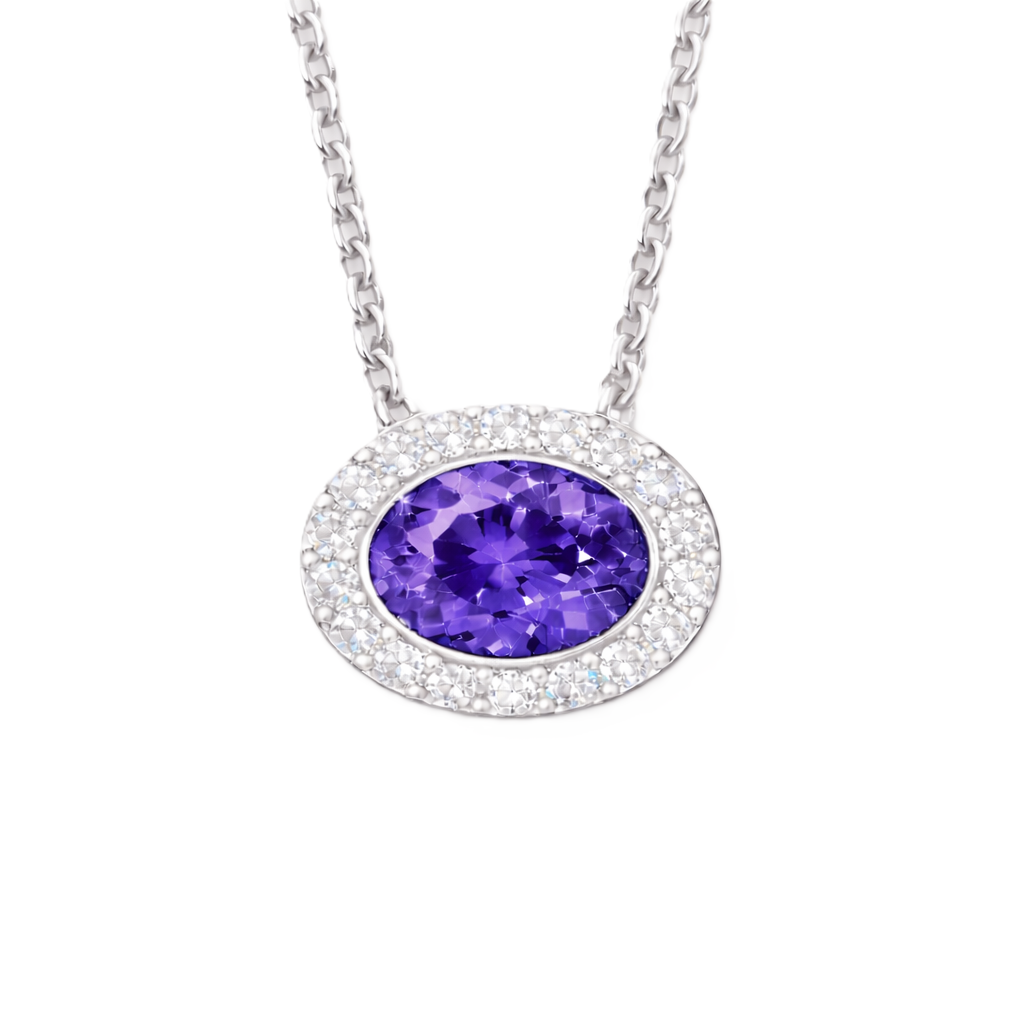 Purple sapphire necklace with a 7×5 mm oval stone in white gold-plated 925 silver, accented with moissanite. Elegant and refined. Available now at BSI Jewelry.