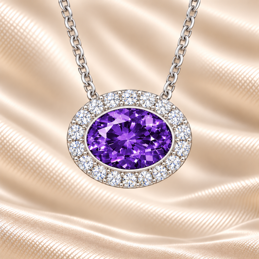 Purple sapphire necklace with a 7×5 mm oval stone in white gold-plated 925 silver, accented with moissanite. Elegant and refined. Available now at BSI Jewelry.