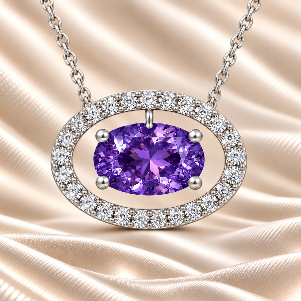 Purple sapphire necklace with an 8×5 mm oval cut and moissanite halo, crafted in white gold-plated 925 silver. Elegant and refined. Available now at BSI Jewelry.