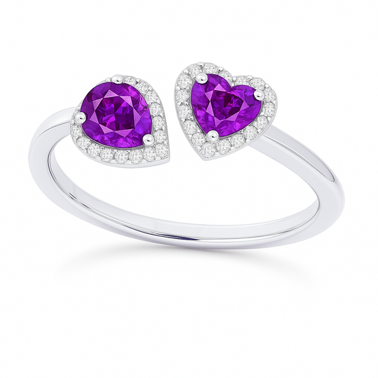 Purple sapphire open ring with 5 mm heart and 5×3 mm pear stones, halo set in white gold plated 925 silver. Elegant and refined. Available now at BSI Jewelry.