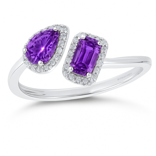 Purple sapphire open ring with 5×3 mm pear and emerald stones in white gold plated 925 silver. Elegant and modern design. Available now at BSI Jewelry.