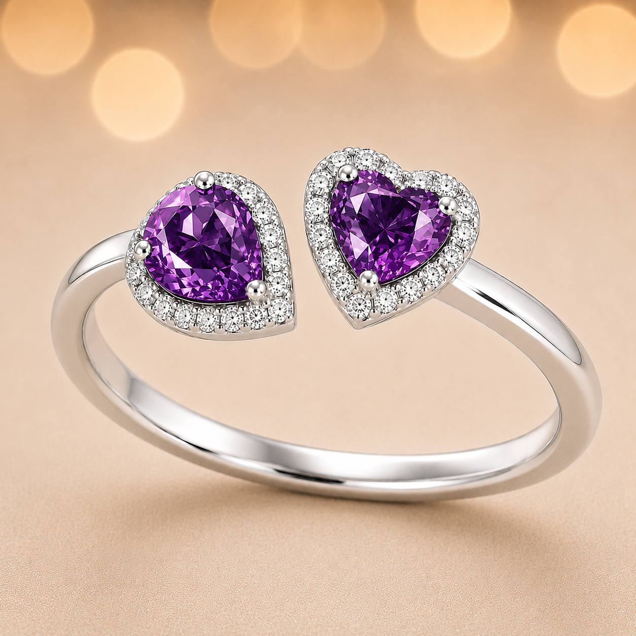 Purple sapphire open ring with 6×4 mm pear and 5 mm heart cuts, crafted in white gold-plated 925 silver. Elegant and hypoallergenic. Available now at BSI Jewelry.