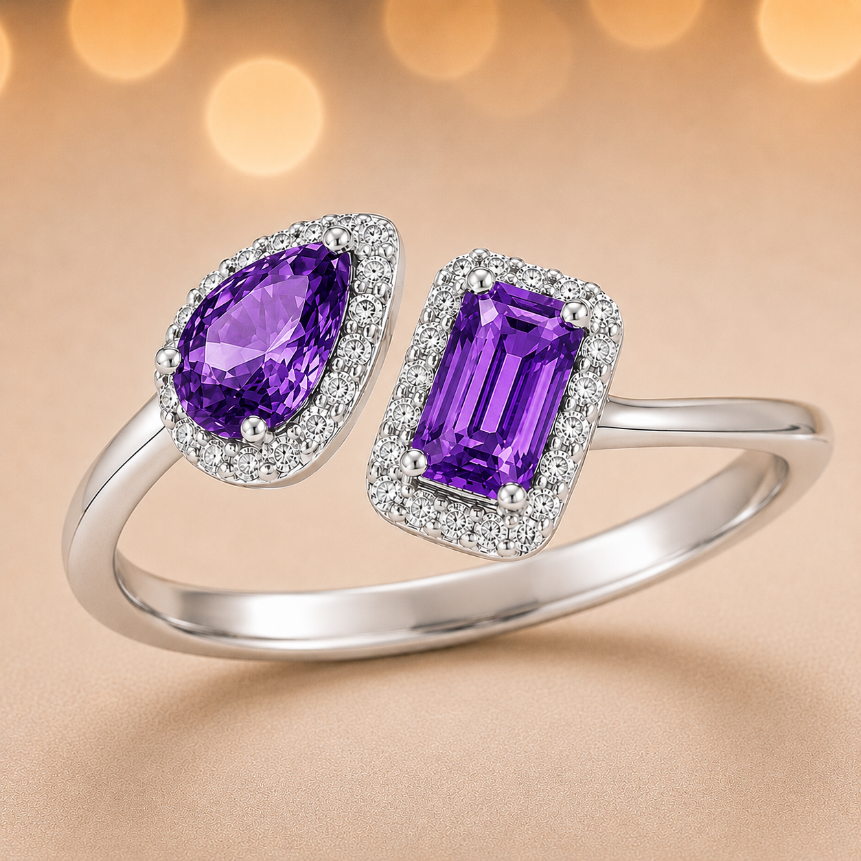 Purple sapphire open ring, 6×4 mm pear and emerald cuts, in white gold-plated 925 silver. Hypoallergenic and elegant for daily wear. Available now at BSI Jewelry.