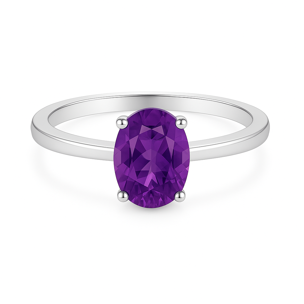 Elegant 7×5 mm purple sapphire oval solitaire ring in white-gold-plated 925 silver. Vibrant color with timeless brilliance. Available now at BSI Jewelry.