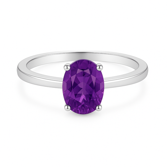 Elegant 7×5 mm purple sapphire oval solitaire ring in white-gold-plated 925 silver. Vibrant color with timeless brilliance. Available now at BSI Jewelry.