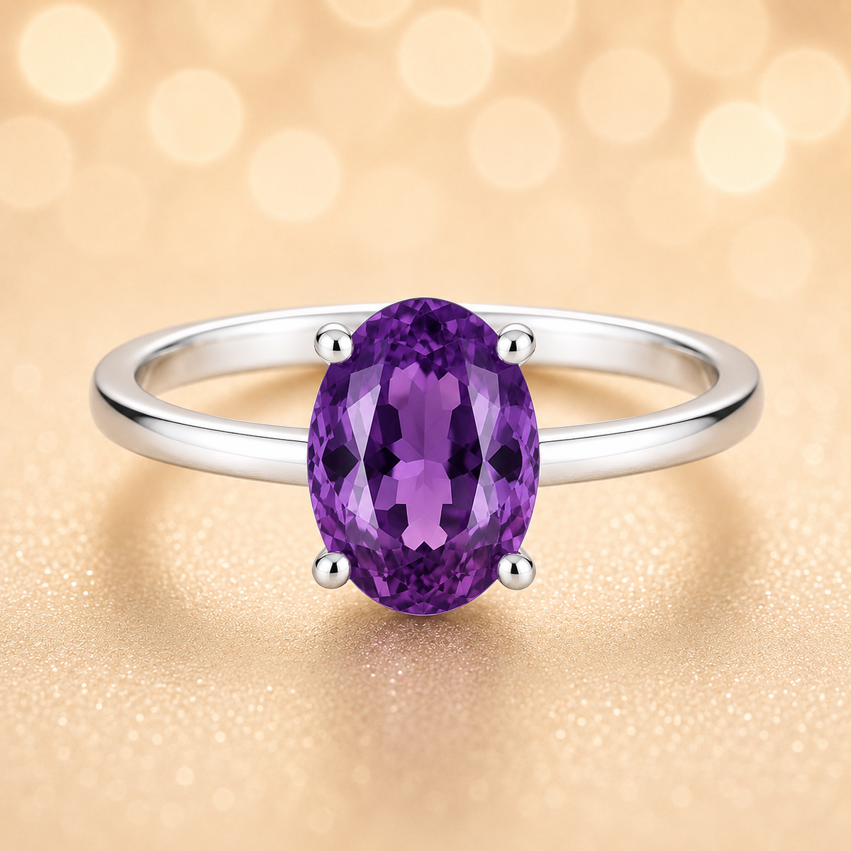 Elegant 7×5 mm purple sapphire oval solitaire ring in white-gold-plated 925 silver. Vibrant color with timeless brilliance. Available now at BSI Jewelry.