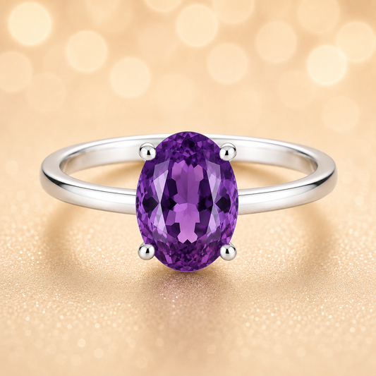 Elegant 7×5 mm purple sapphire oval solitaire ring in white-gold-plated 925 silver. Vibrant color with timeless brilliance. Available now at BSI Jewelry.