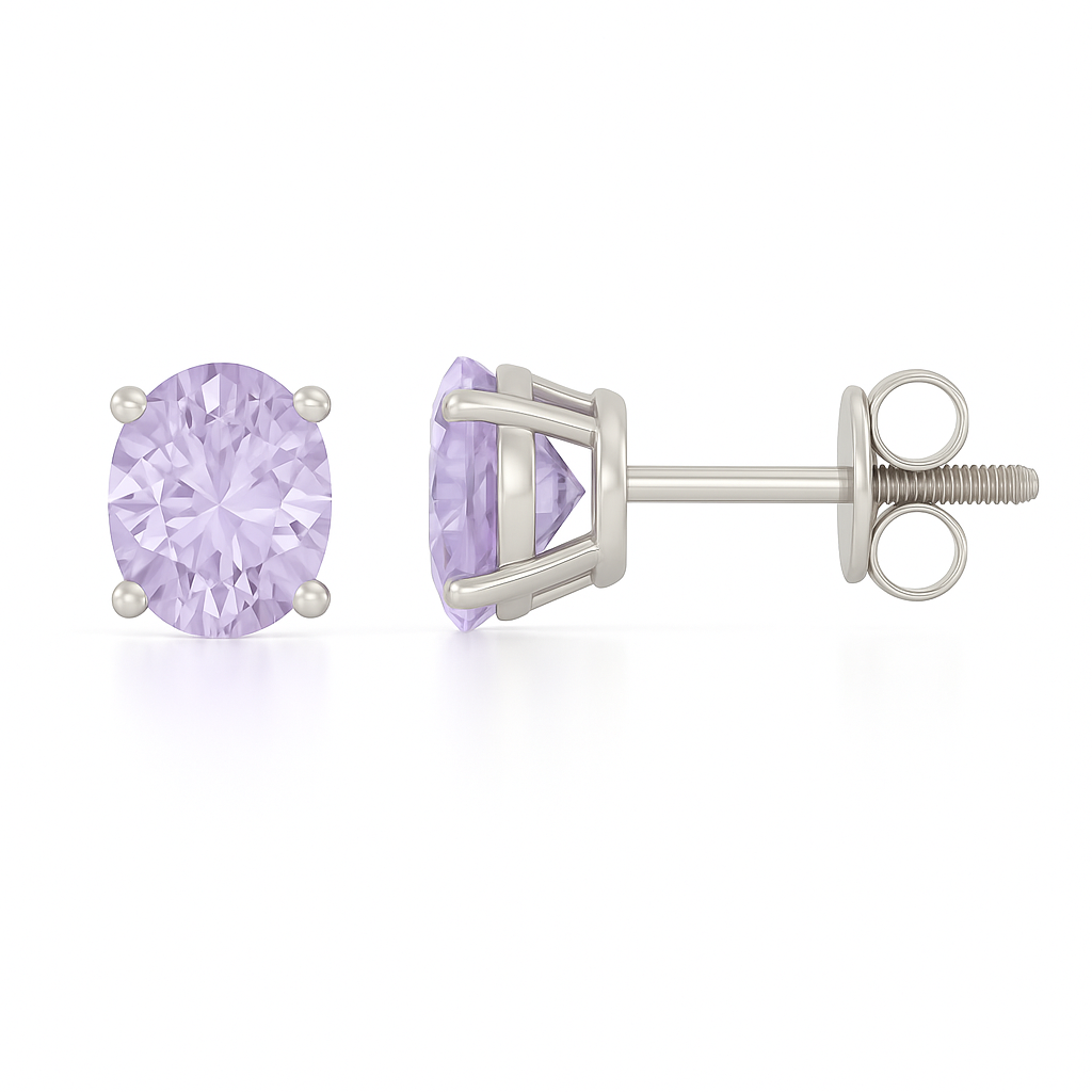 Elegant 6×4mm oval-cut Purple Sapphire stud earrings in white-gold-plated 925 silver, hypoallergenic and safe to wear. Available now at BSI Jewelry.