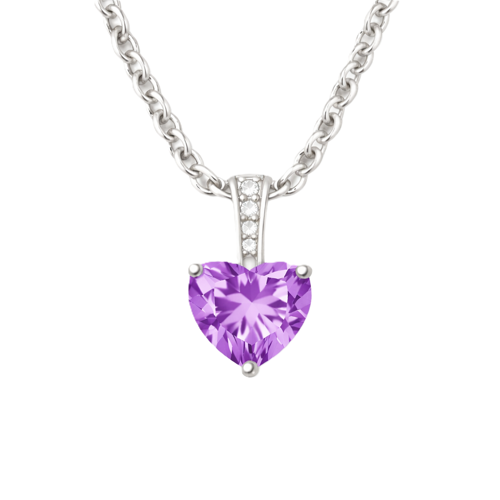 Purple sapphire pendant with a 6 mm heart cut, crafted in white gold-plated 925 silver. Elegant and refined for daily wear. Available now at BSI Jewelry.