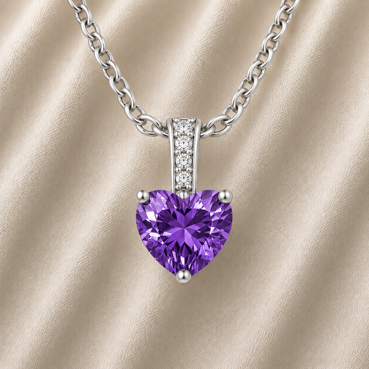 Purple sapphire pendant with a 6 mm heart cut, crafted in white gold-plated 925 silver. Elegant and refined for daily wear. Available now at BSI Jewelry.