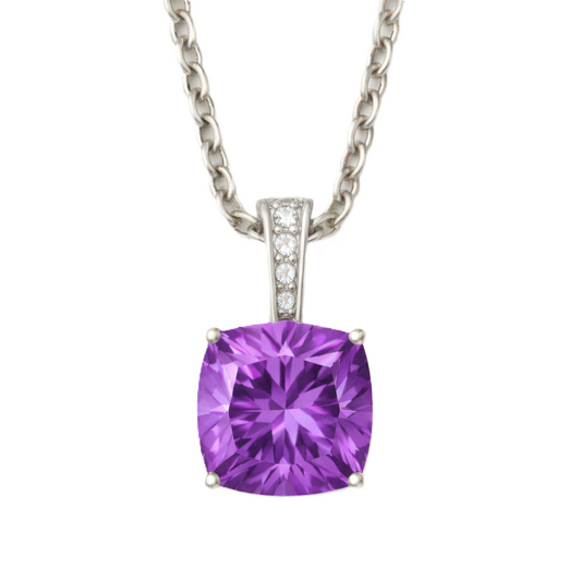 Purple sapphire pendant with a 6 mm cushion gemstone in white gold-plated 925 silver, accented with moissanite. Elegant and refined. Available now at BSI Jewelry.