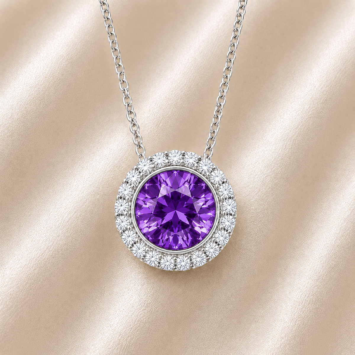 Purple sapphire pendant with 6 mm round stone in white gold-plated 925 silver, accented with moissanite and adjustable cable chain. Available now at BSI Jewelry.