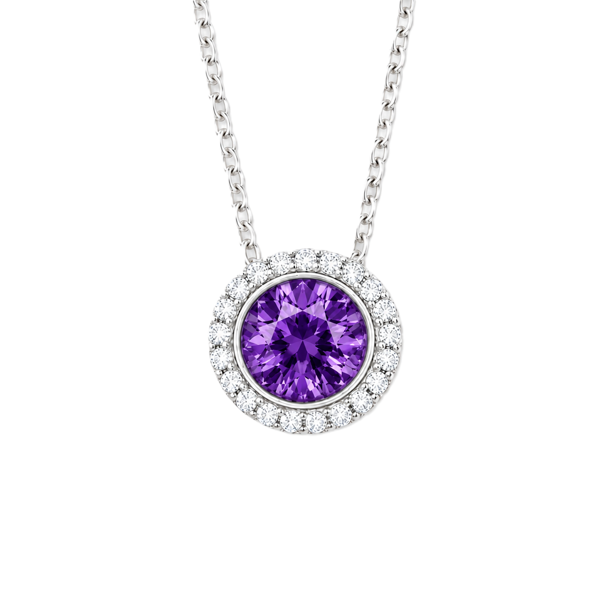 Purple sapphire pendant with 6 mm round stone in white gold-plated 925 silver, accented with moissanite and adjustable cable chain. Available now at BSI Jewelry.
