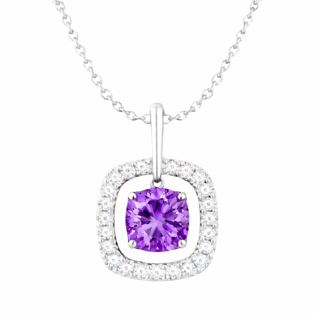 Purple sapphire pendant with a 7 mm cushion cut and moissanite halo, crafted in white gold-plated 925 silver. Elegant and radiant. Available now at BSI Jewelry.