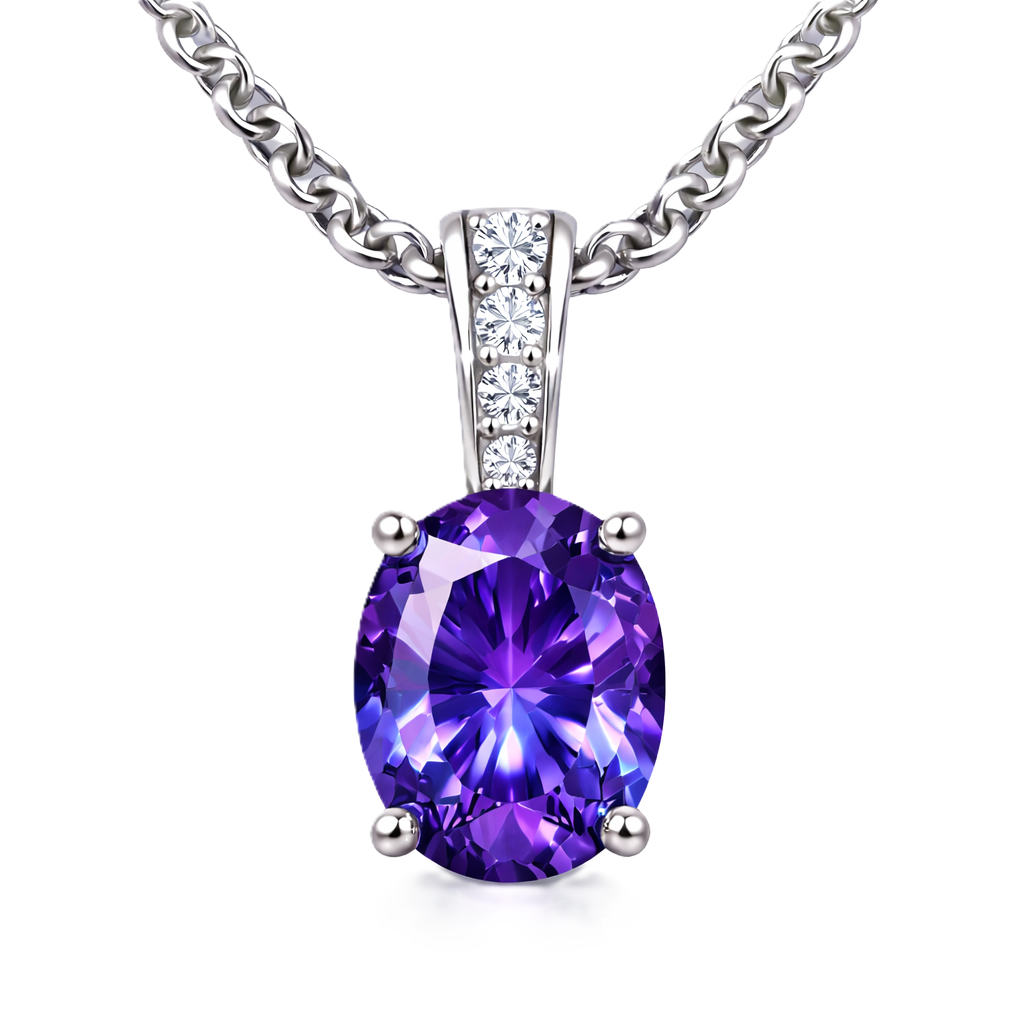 Purple sapphire pendant, 7×5 mm oval, crafted in white gold-plated 925 silver. Elegant and hypoallergenic for daily wear. Available now at BSI Jewelry.
