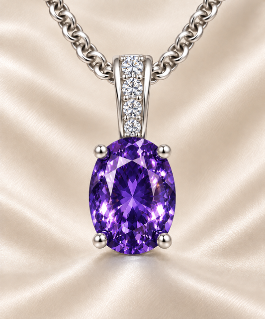 Purple sapphire pendant, 7×5 mm oval, crafted in white gold-plated 925 silver. Elegant and hypoallergenic for daily wear. Available now at BSI Jewelry.