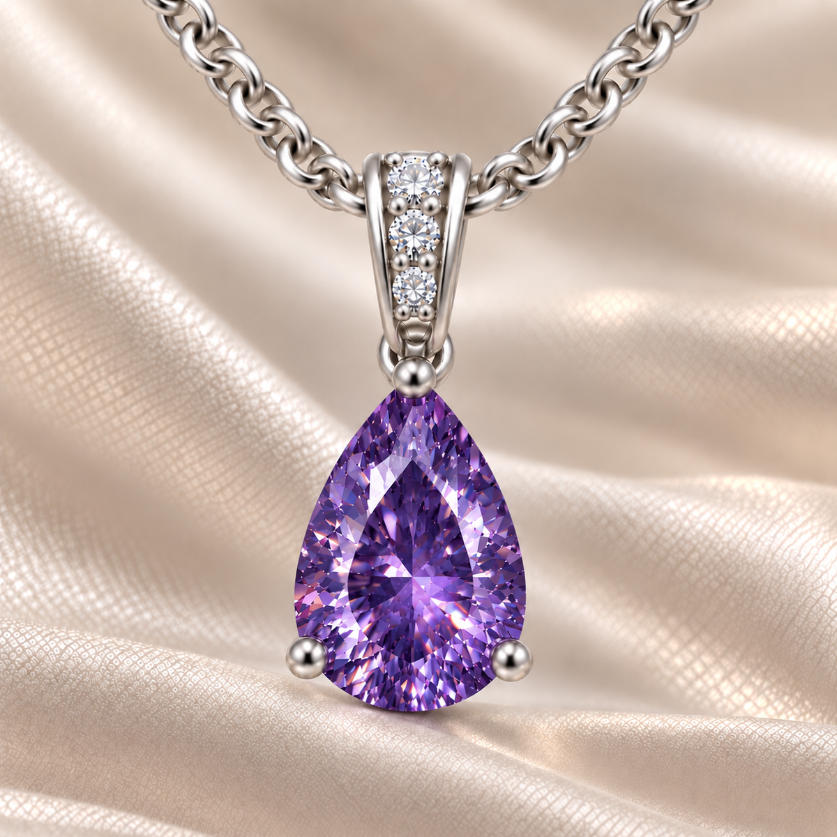 Purple sapphire pendant with a 7×5 mm pear cut, set in white gold-plated 925 silver. Rich, elegant, and refined for daily wear. Available now at BSI Jewelry.