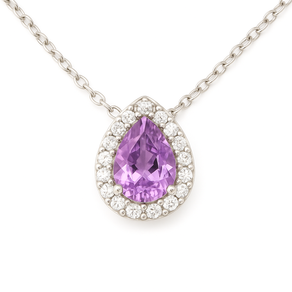 Elegant 7×5mm purple sapphire halo pendant accented with Moissanite, crafted in white gold-plated 925 silver and palladium alloy. Available now at BSI Jewelry.