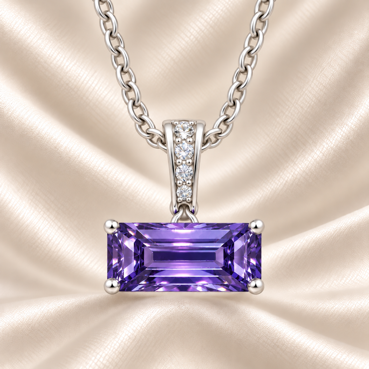 Purple sapphire pendant with an 8×5 mm baguette in white gold-plated 925 silver, accented with moissanite. Elegant and refined. Available now at BSI Jewelry.