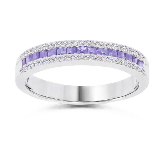 Purple sapphire ring with 1.40 mm square stones in white gold-plated 925 silver, accented with moissanite for refined sparkle. Available now at BSI Jewelry.