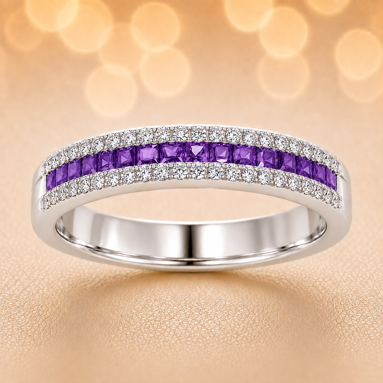 Purple sapphire ring with 1.40 mm square stones in white gold-plated 925 silver, accented with moissanite for refined sparkle. Available now at BSI Jewelry.