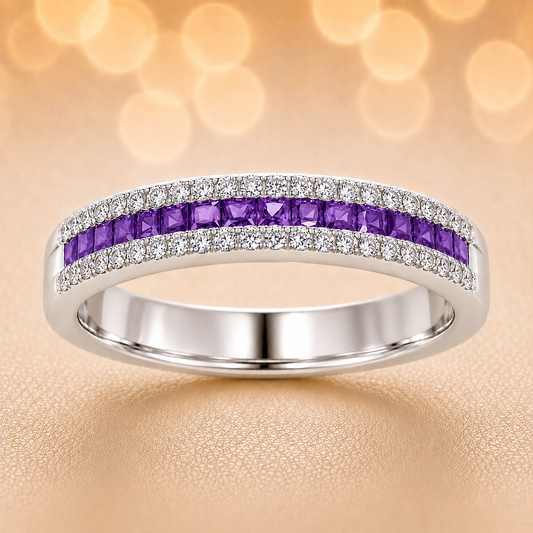 Purple sapphire ring with 1.40 mm square stones in white gold-plated 925 silver, accented with moissanite for refined sparkle. Available now at BSI Jewelry.