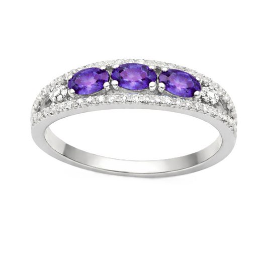 Purple sapphire ring with 5×3 mm oval stones in white gold-plated 925 silver. Elegant, refined, and hypoallergenic. Available now at BSI Jewelry.